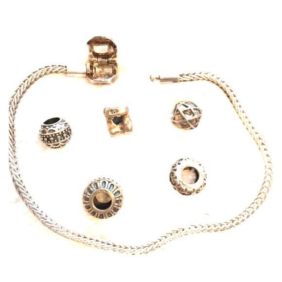 Sterling Silver European Charm Bracelet & 5 Charms - Picture 1 of 5